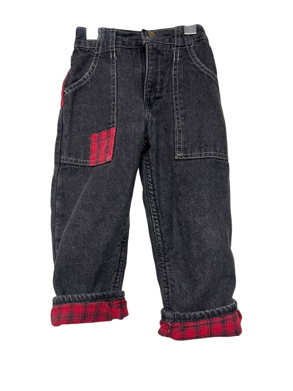 Vintage OshKosh Washed Black Jeans Red Plaid Flannel Lined Made In USA 3T